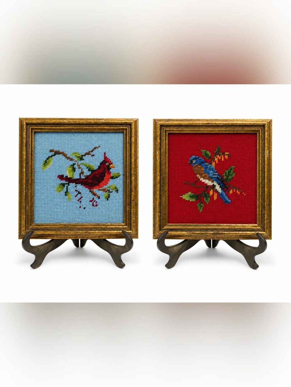 Vintage Hand Stitched Needlepoint Bird Wall Art Cardinal Bluebird Pair